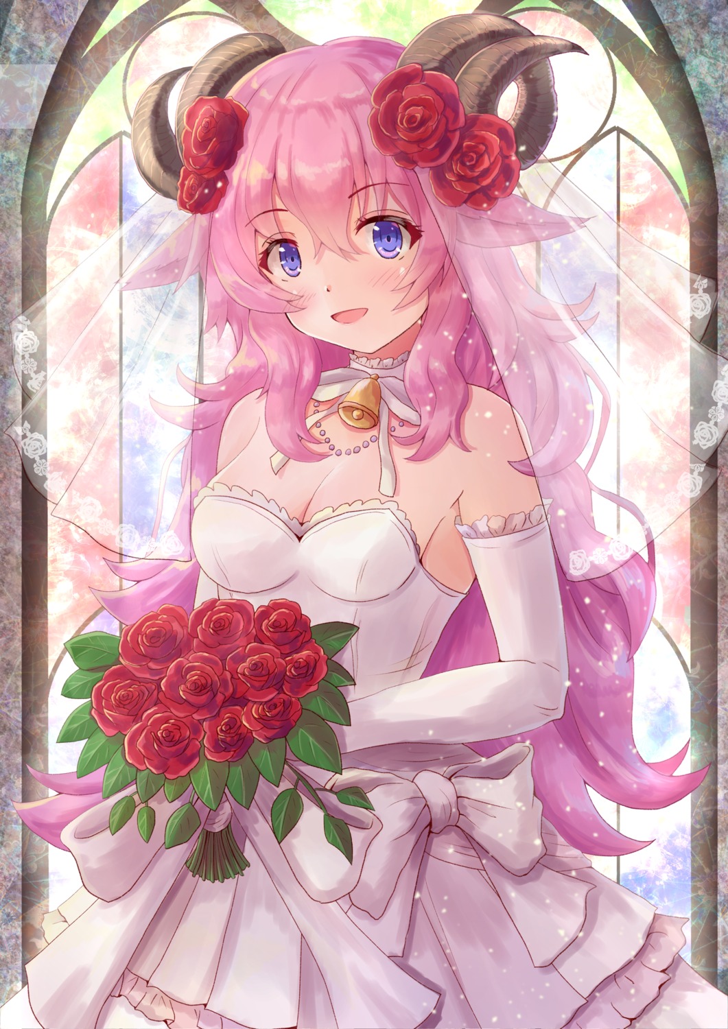 animal_ears, cleavage, cocoasabure, dress, horns, wedding_dress
