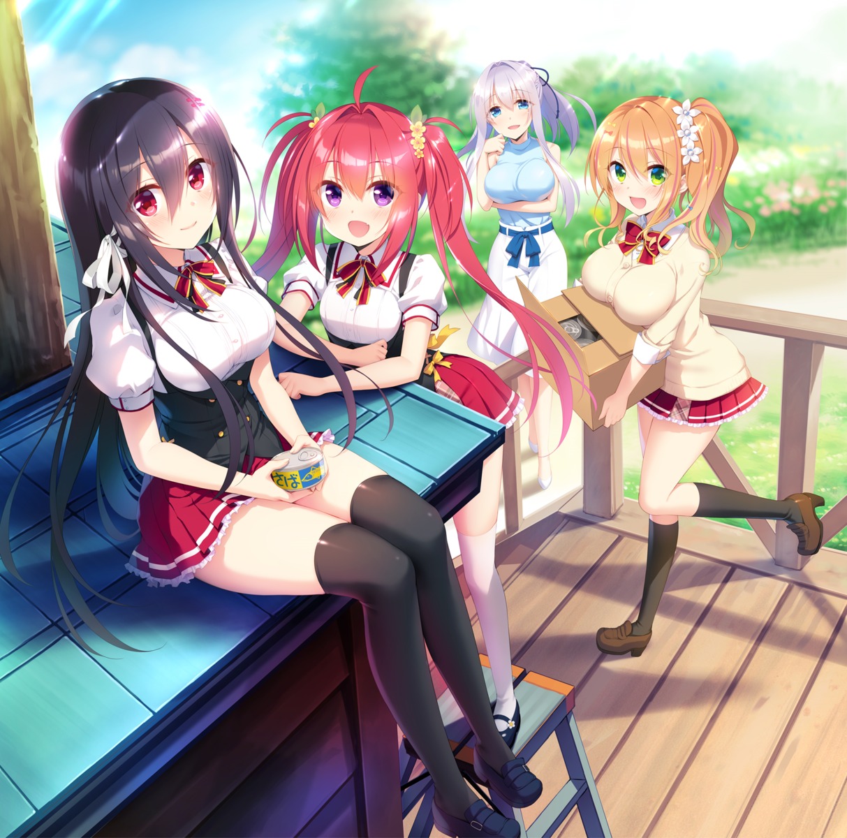 breast_hold, heels, ichiri, kanzume_shoujo_no_shuumatsu_sekai, karasumori_amika, sarasa_sari, seifuku, silky's_plus, sweater, thighhighs, tsujihana_saki, yaotome_hanae