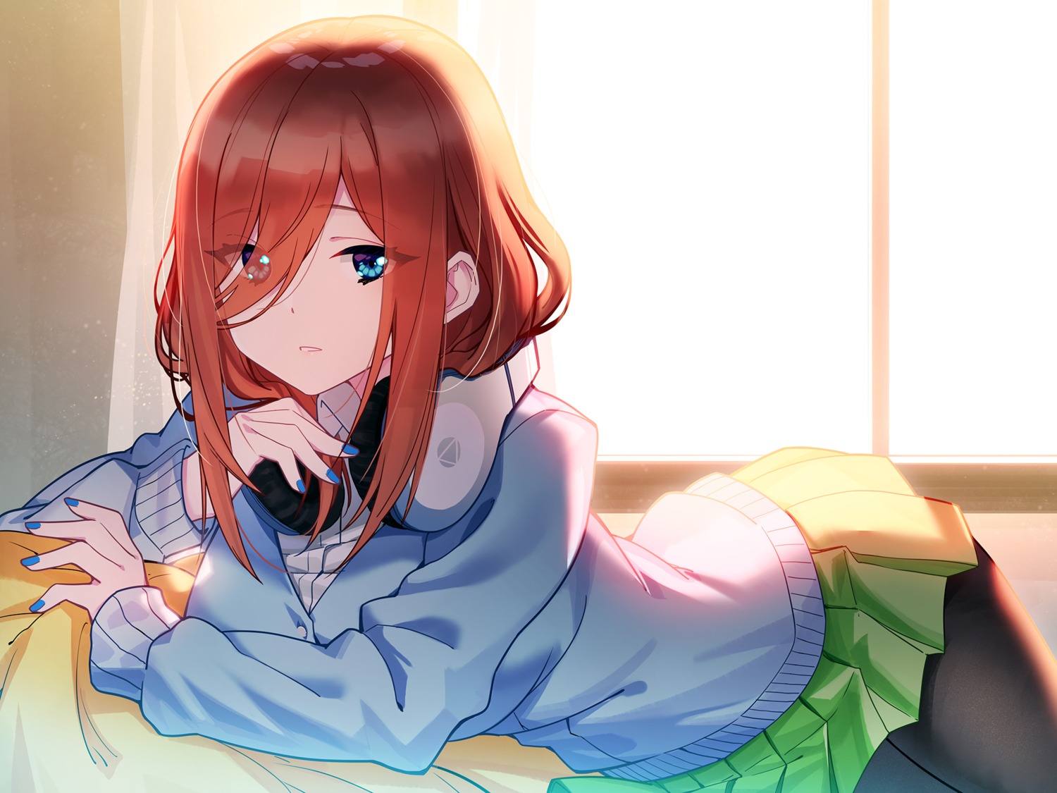5-toubun_no_hanayome, headphones, nakano_miku, pantyhose, seifuku, sweater, zhanzheng_zi
