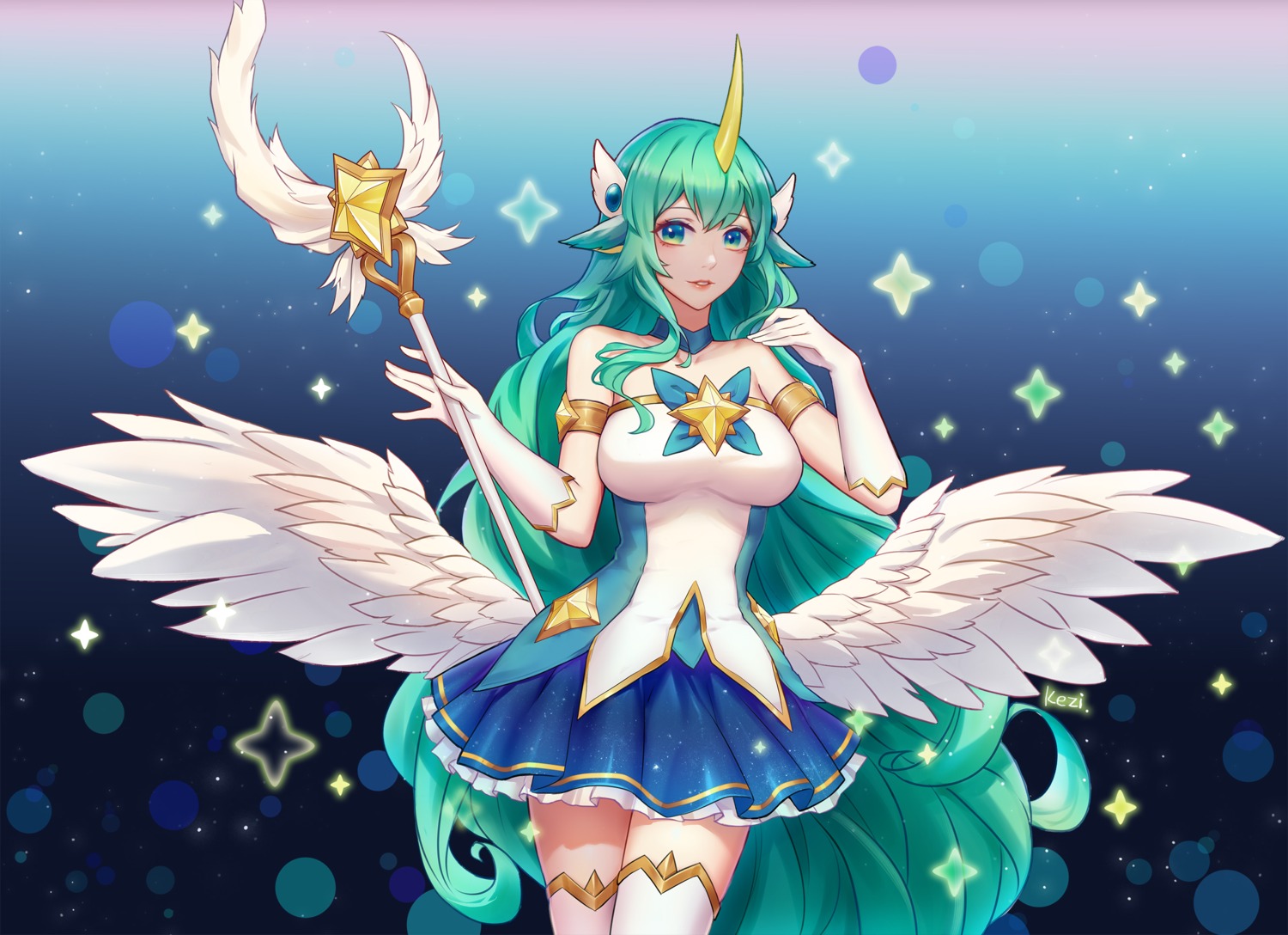 animal_ears, horns, kezi, league_of_legends, soraka, thighhighs, weapon, wings
