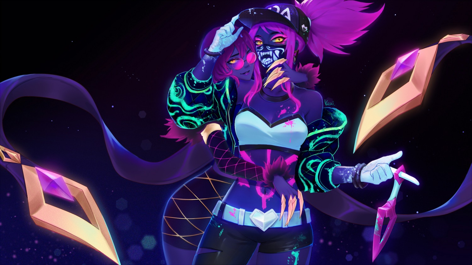akali, cleavage, evelynn, kezi, league_of_legends, megane, open_shirt, tattoo