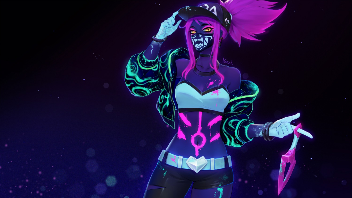 akali, cleavage, kezi, league_of_legends, open_shirt, weapon