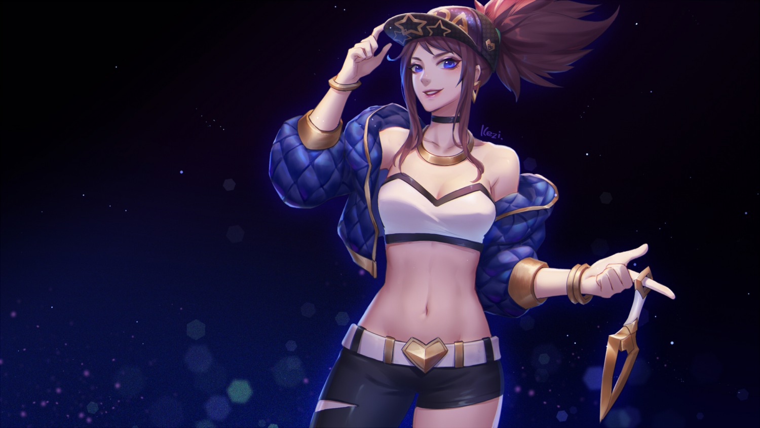 akali, cleavage, kezi, league_of_legends, open_shirt, weapon