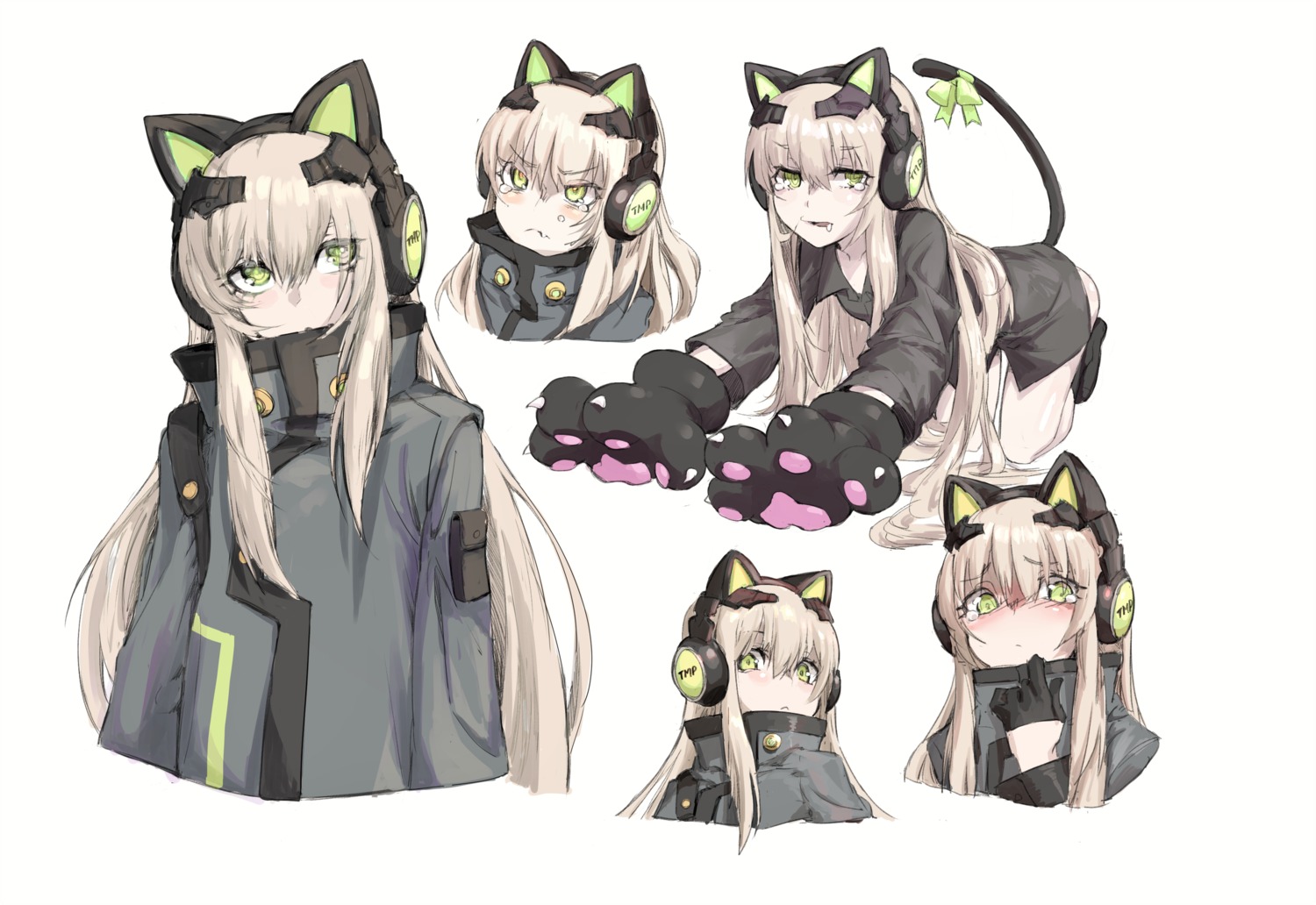 aem01, animal_ears, girls_frontline, headphones, nekomimi, sketch, tail, tmp_(girls_frontline)