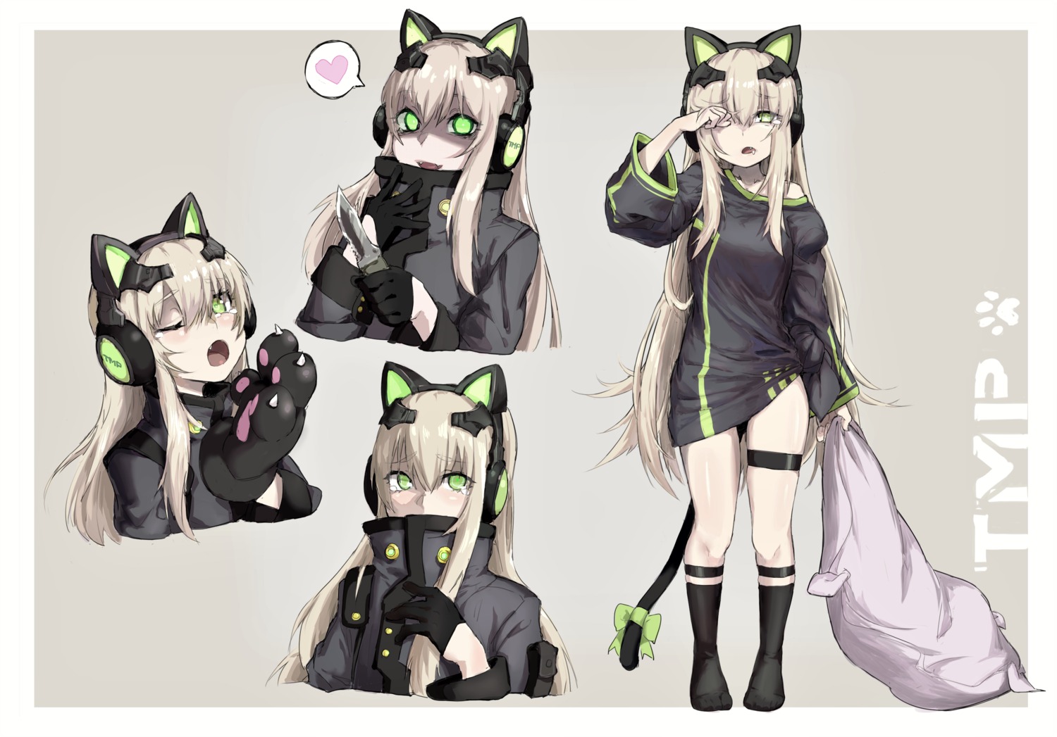 aem01, animal_ears, garter, girls_frontline, headphones, nekomimi, tail, tmp_(girls_frontline)