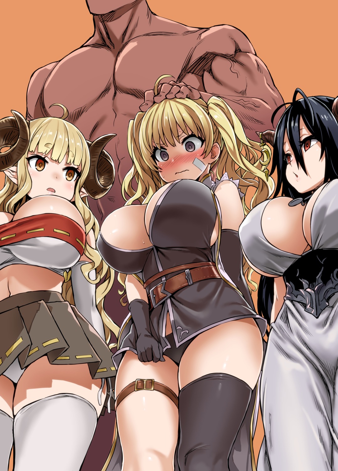 anila_(granblue_fantasy), asanagi, bandaid, cleavage, danua, dress, garter, granblue_fantasy, horns, narumeia_(granblue_fantasy), no_bra, open_shirt, pantsu, pointy_ears, thighhighs