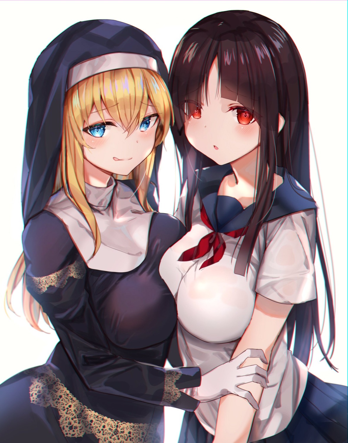 amamitsu_kousuke, nun, see_through, seifuku, symmetrical_docking, yuri
