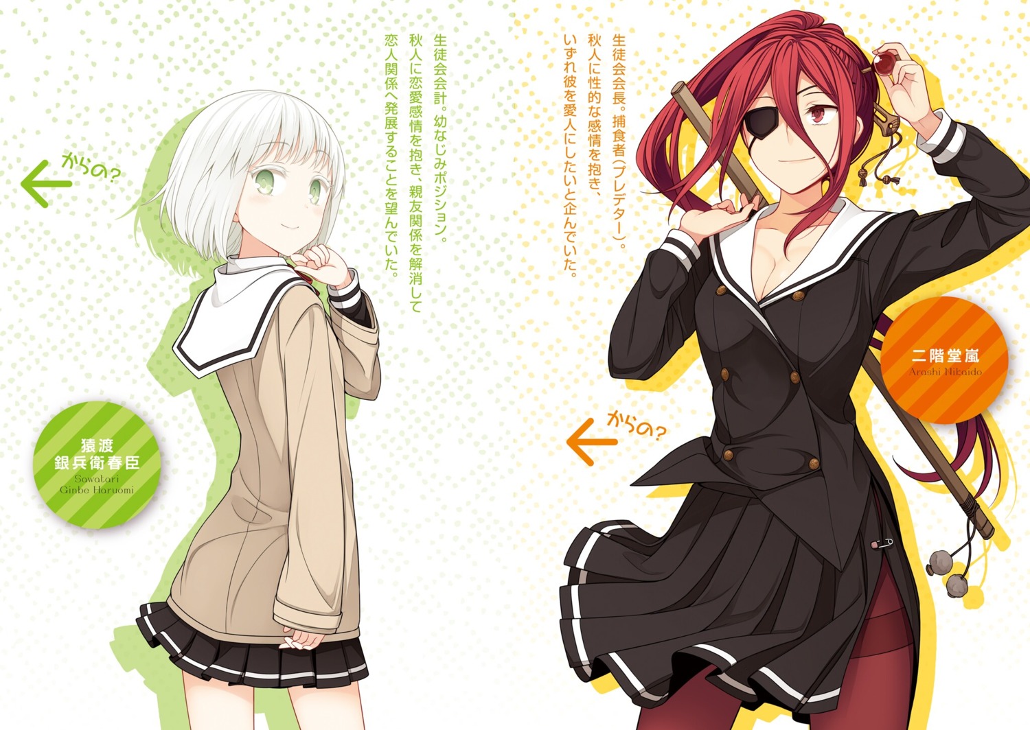 cleavage, eyepatch, nikaidou_arashi, onii-chan_dakedo_ai_sae_areba_kankei_naiyo_ne, pantyhose, sawatari_ginbee_haruomi, seifuku, skirt_lift