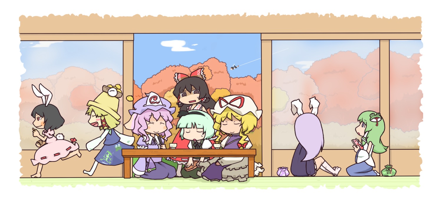 hakurei_reimu, inaba_tewi, inishie, kochiya_sanae, konpaku_youmu, moriya_suwako, reisen_udongein_inaba, saigyouji_yuyuko