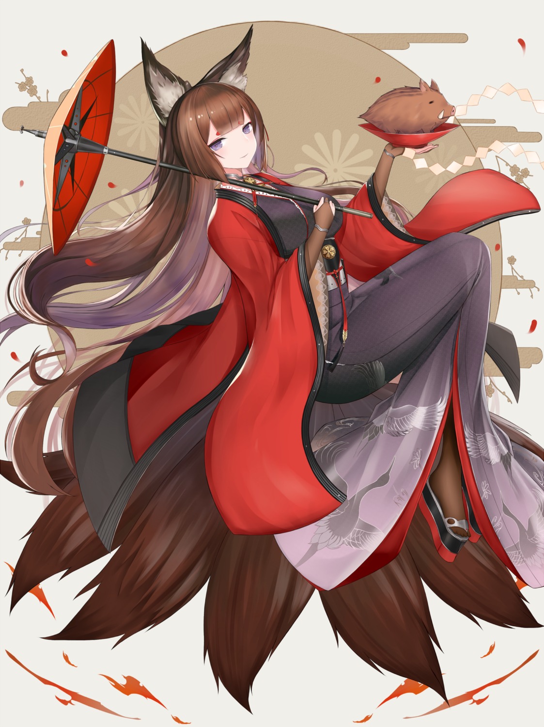 amagi_(azur_lane), animal_ears, azur_lane, kimono, kitsune, minoshi, tail, umbrella