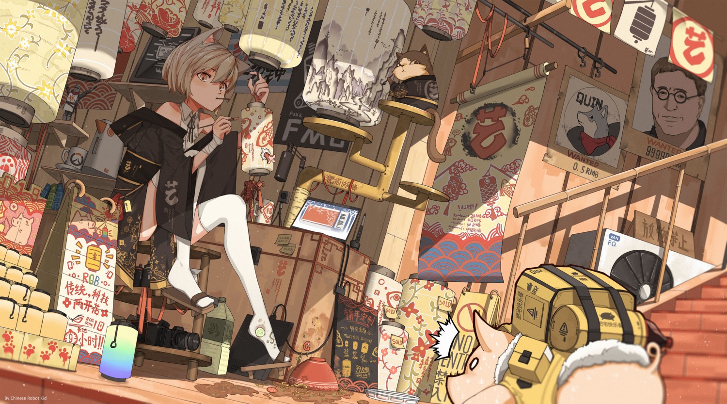 animal_ears, bandages, chinese_robot_kid, kimono, landscape, thighhighs