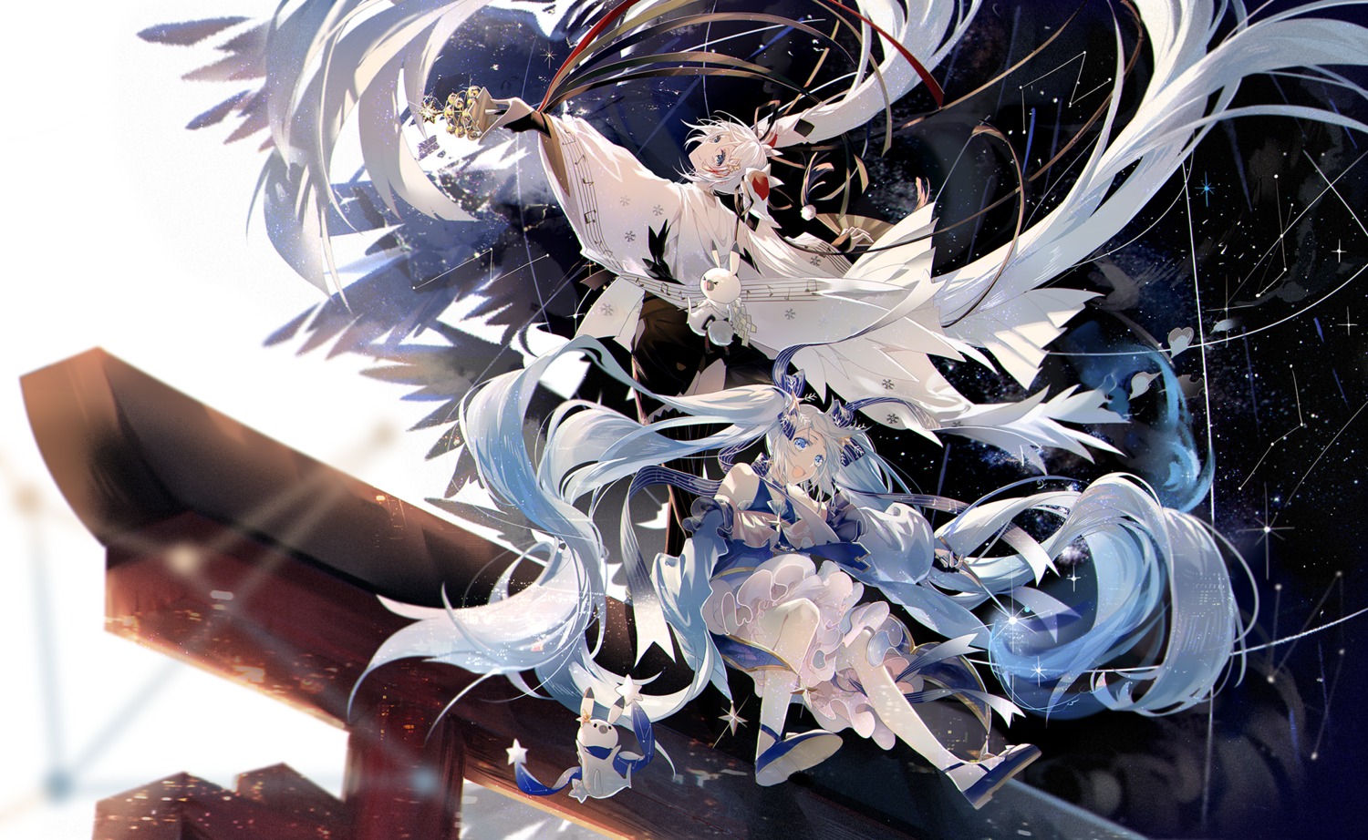 dress, hatsune_miku, japanese_clothes, nura_orimoto, skirt_lift, thighhighs, vocaloid, yuki_miku
