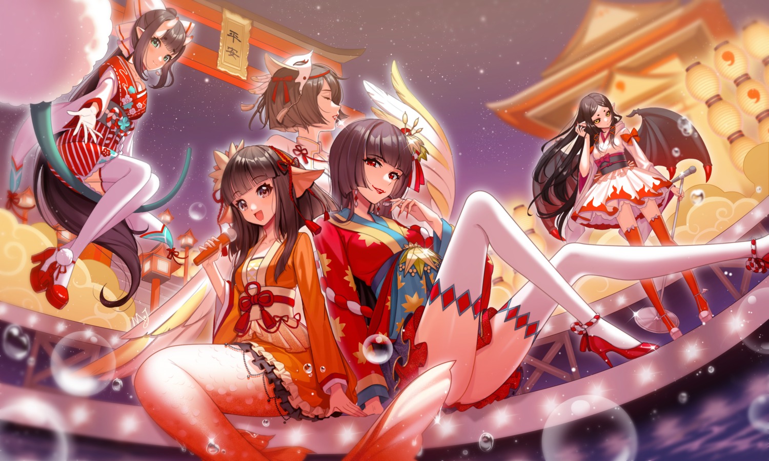 dress, heels, horns, hotarugusa_(onmyouji), itsumade_(onmyouji), japanese_clothes, koi_(onmyouji), majiang, mermaid, momiji_(onmyouji), monster_girl, onmyouji, pointy_ears, tail, thighhighs, vampira_(onmyouji), wings