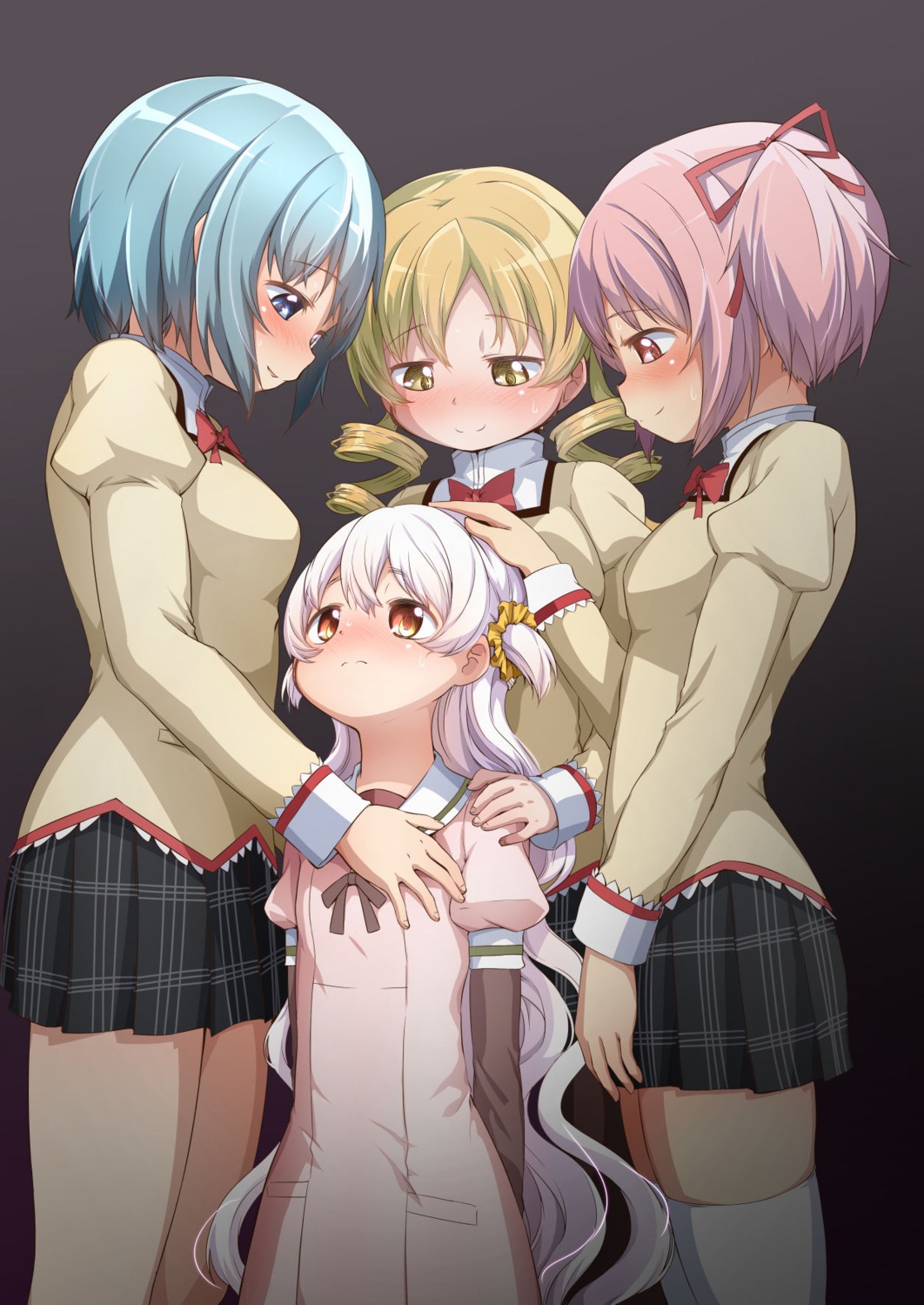 abutomato, kaname_madoka, mahou_shoujo_madoka_magica, miki_sayaka, momoe_nagisa, seifuku, thighhighs, tomoe_mami, yuri
