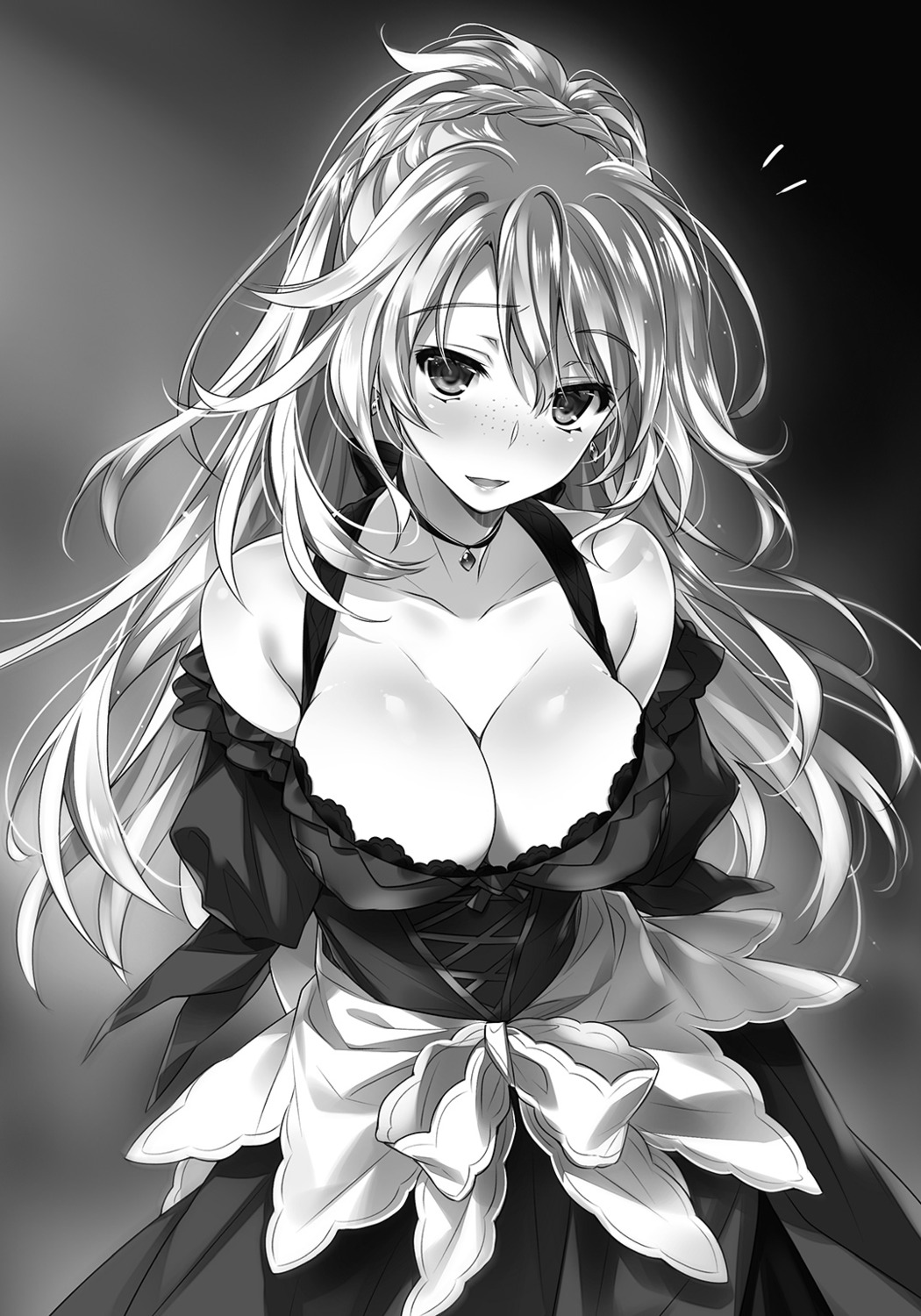 cleavage, dress, kuro_shishi_jou_kitan, monochrome, yasaka_minato