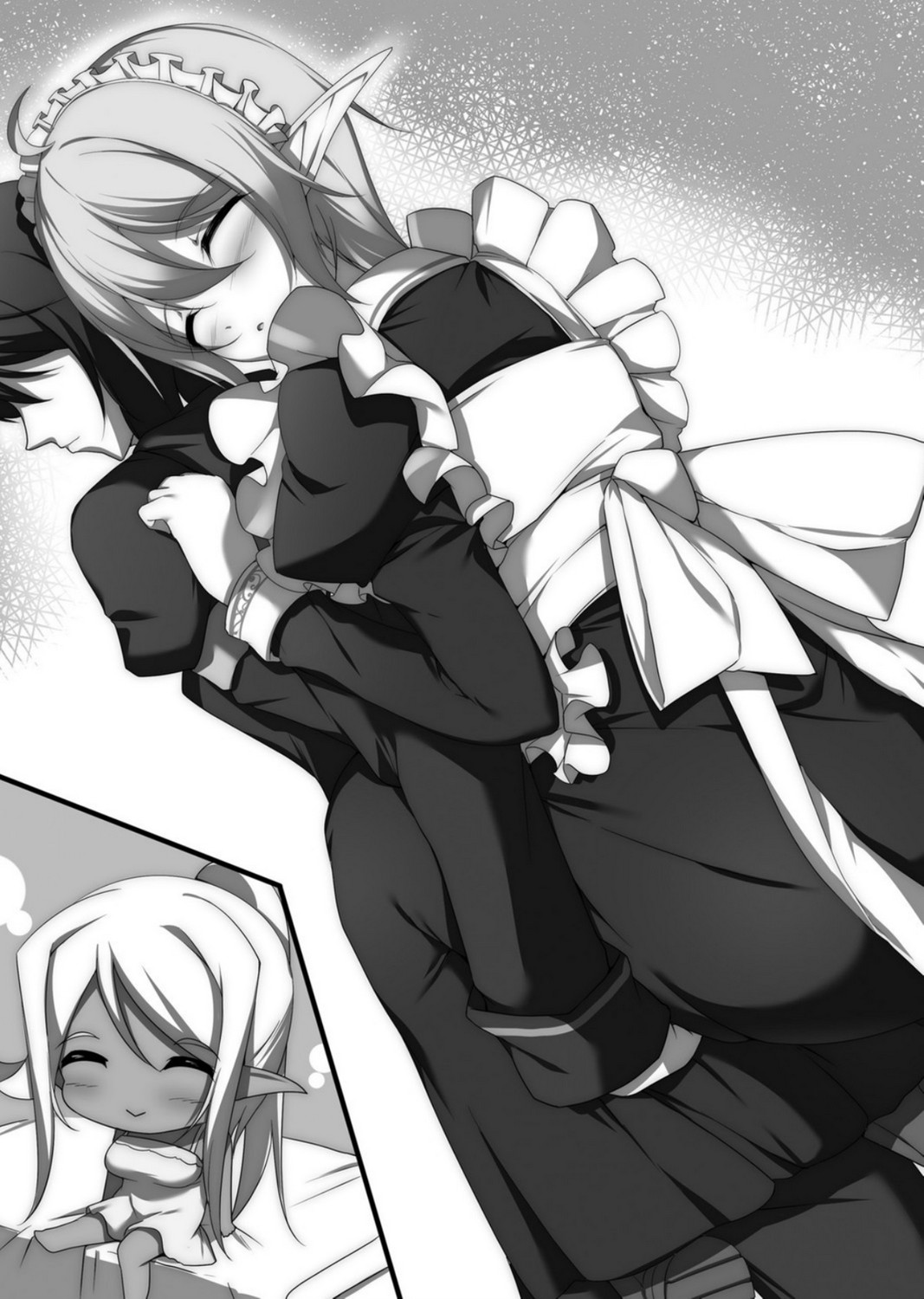 chibi, dress, elf, elf_no_kuni_no_kyuutei_madoushi_ni_naretanode_himesama_ni_seitekina_itazura_wo_shitemita, maid, monochrome, narumi_cristear_note, pointy_ears