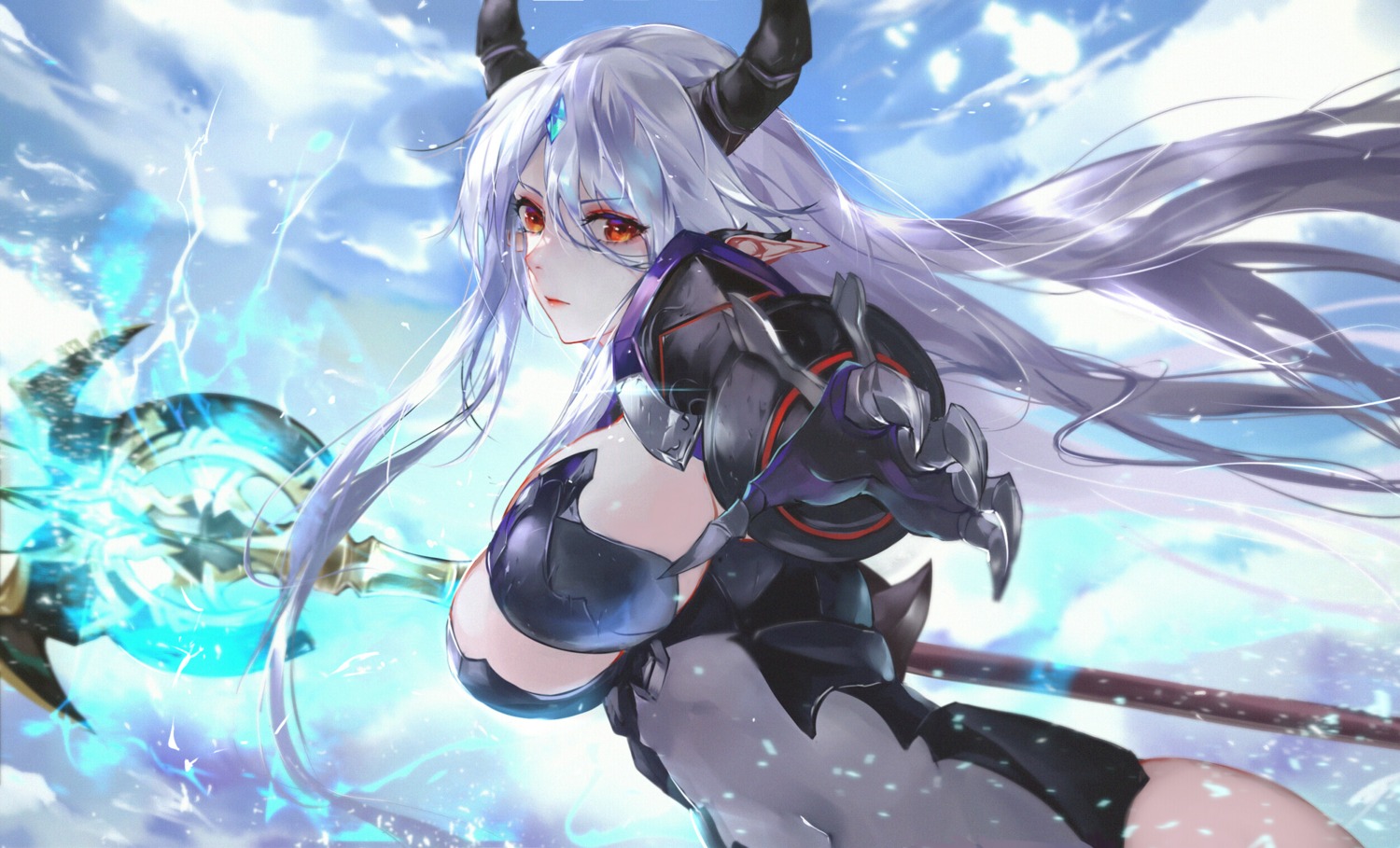 bodysuit, epic7, horns, luna_(epic7), pointy_ears, vardan, weapon