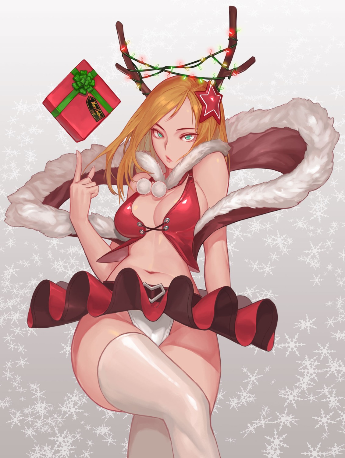 christmas, cleavage, horns, no_bra, pantsu, tamidro, thighhighs