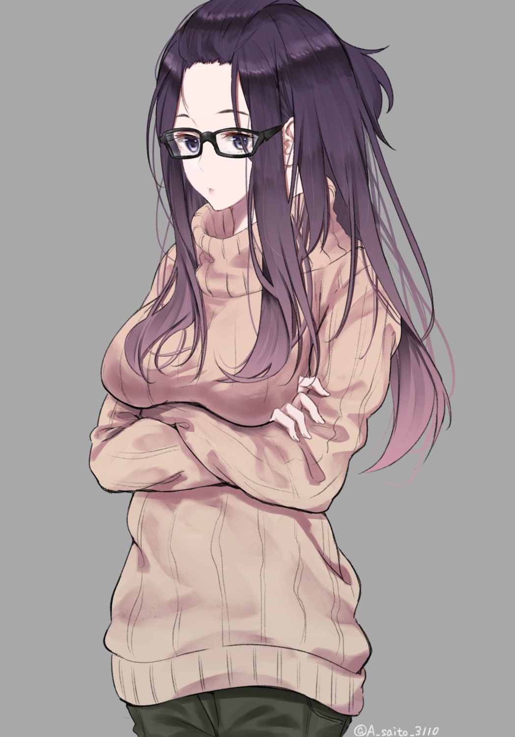 breast_hold, kagamihara_sakura, megane, saitou_(lynx-shrike), sweater, yurucamp