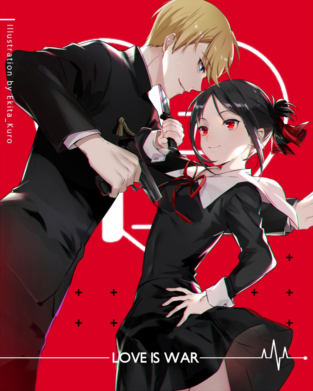 ekita_xuan, gun, kaguya-sama_wa_kokurasetai_~tensai-tachi_no_renai_zunousen~, seifuku, shinomiya_kaguya, shirogane_miyuki, skirt_lift, weapon