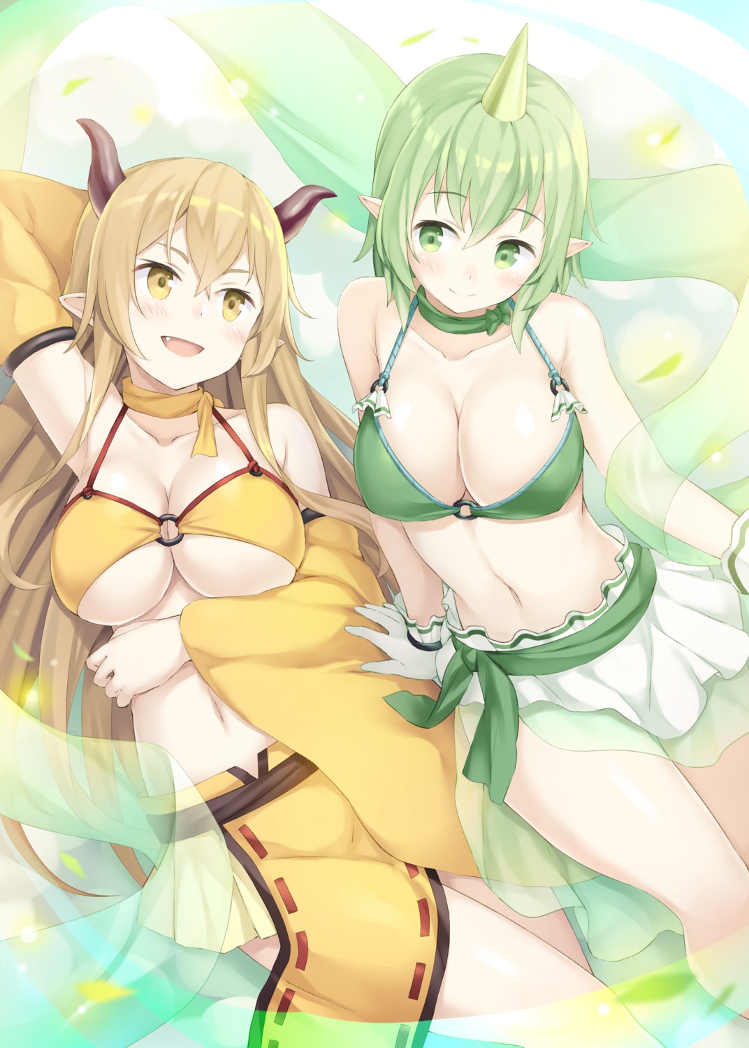 bikini_top, breast_hold, horns, monmusu_harem, namaru_(summer_dandy), pointy_ears, swimsuits