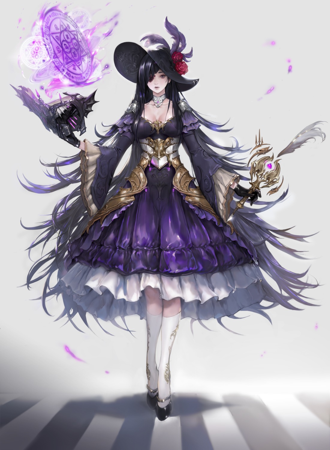 armor, cleavage, dress, eyepatch, mucuzi, weapon, witch