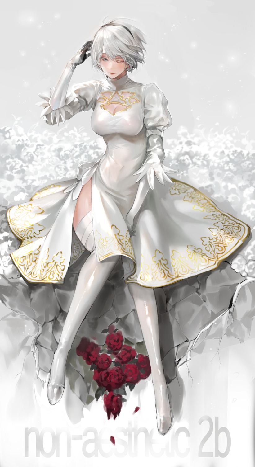cleavage, dress, mucuzi, nier, nier_automata, thighhighs, yorha_type_a_no.2