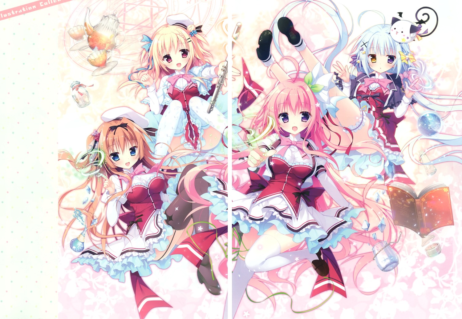 futaba_mikana, gap, garter, haruharu_(koisuru_kokoro_to_mahou_no_kotoba), hearts, heels, hitohira_kazane, hoshiyomi_mashiro, koisuru_kokoro_to_mahou_no_kotoba, seifuku, shiromochi_sakura, stockings, thighhighs
