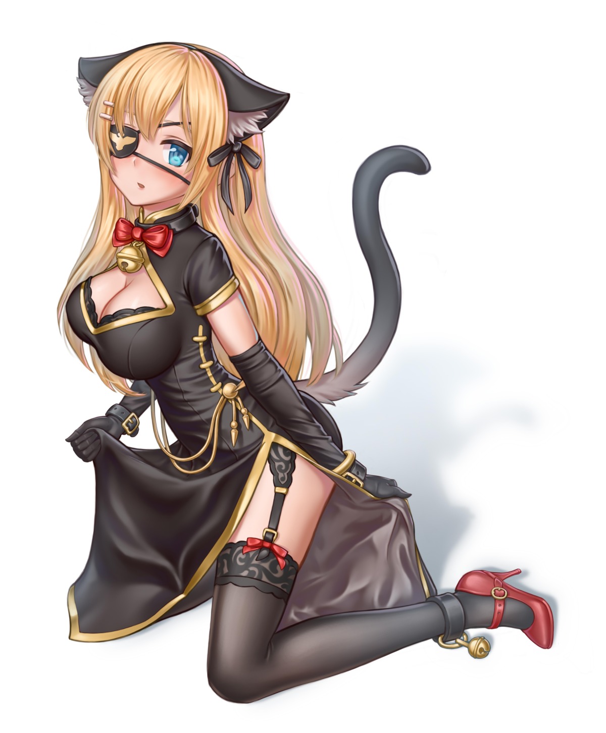 animal_ears, aquamarine, chinadress, cleavage, eyepatch, heels, nekomimi, saratoga_(zhanjianshaonv), skirt_lift, stockings, tail, thighhighs, zhanjianshaonv