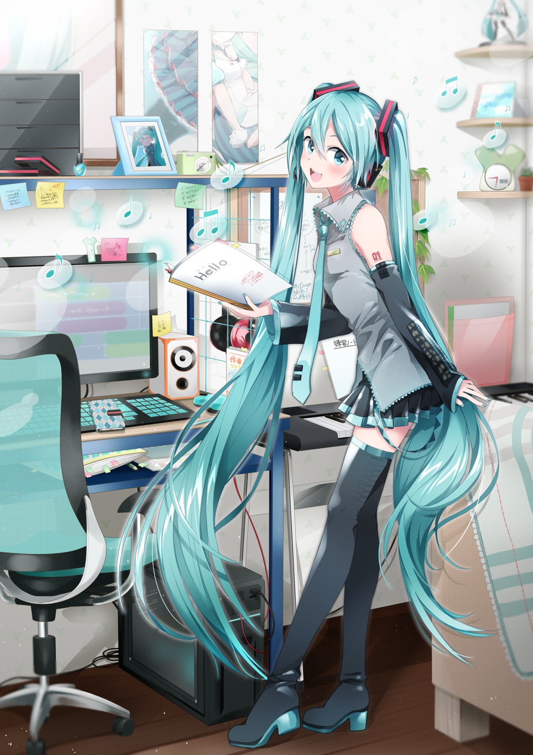 agonasubi, hatsune_miku, headphones, heels, tattoo, thighhighs, vocaloid