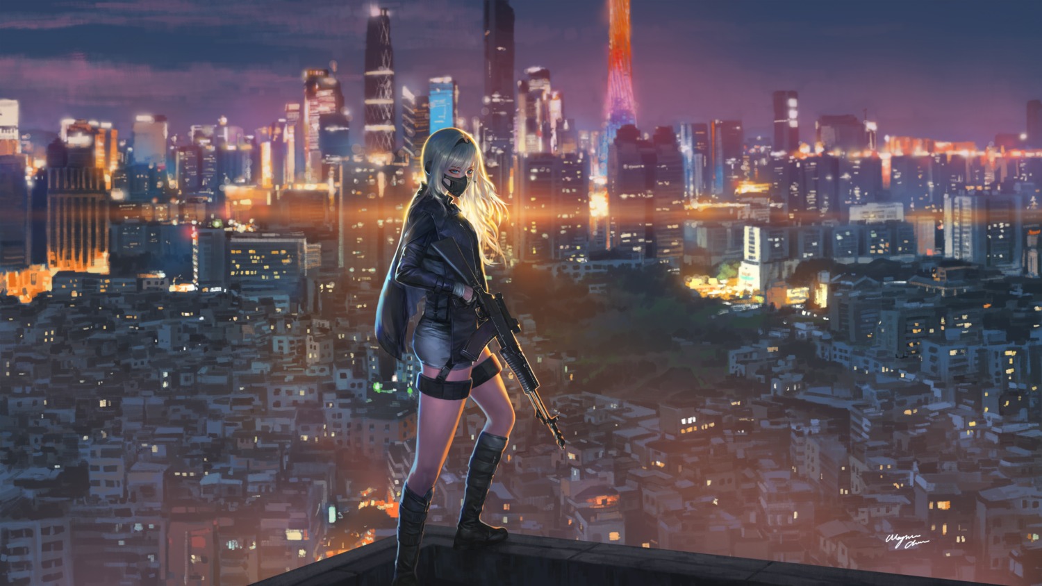an-94_(girls_frontline), garter, girls_frontline, gun, heels, landscape, wayne_chan