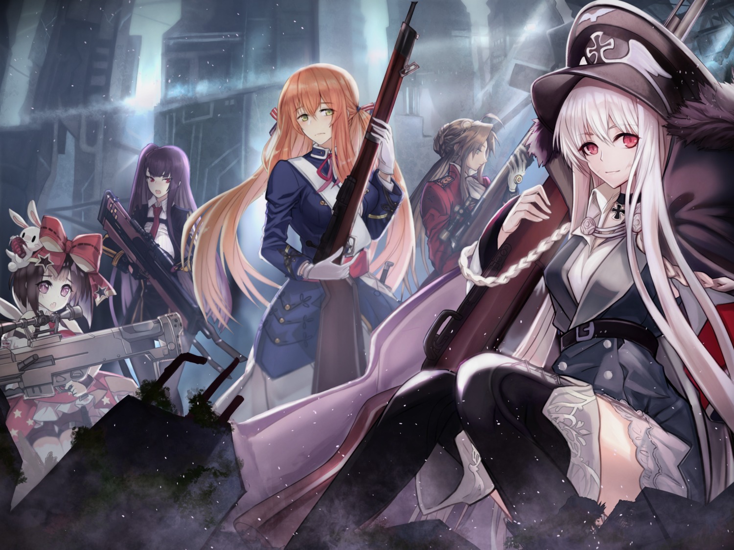 asagik23, girls_frontline, gun, kar98k_(girls_frontline), lee_enfield_(girls_frontline), m99_(girls_frontline), pantyhose, springfield_(girls_frontline), thighhighs, uniform, wa2000_(girls_frontline)