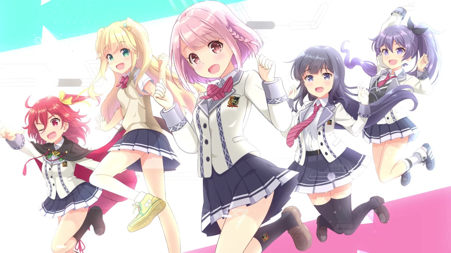 fujisawa_yuzu, heels, hoshizaki_akari, misumi_aoi, ongeki, ousaka_akane, seifuku, sweater, tagme, takase_rio, thighhighs, wallpaper