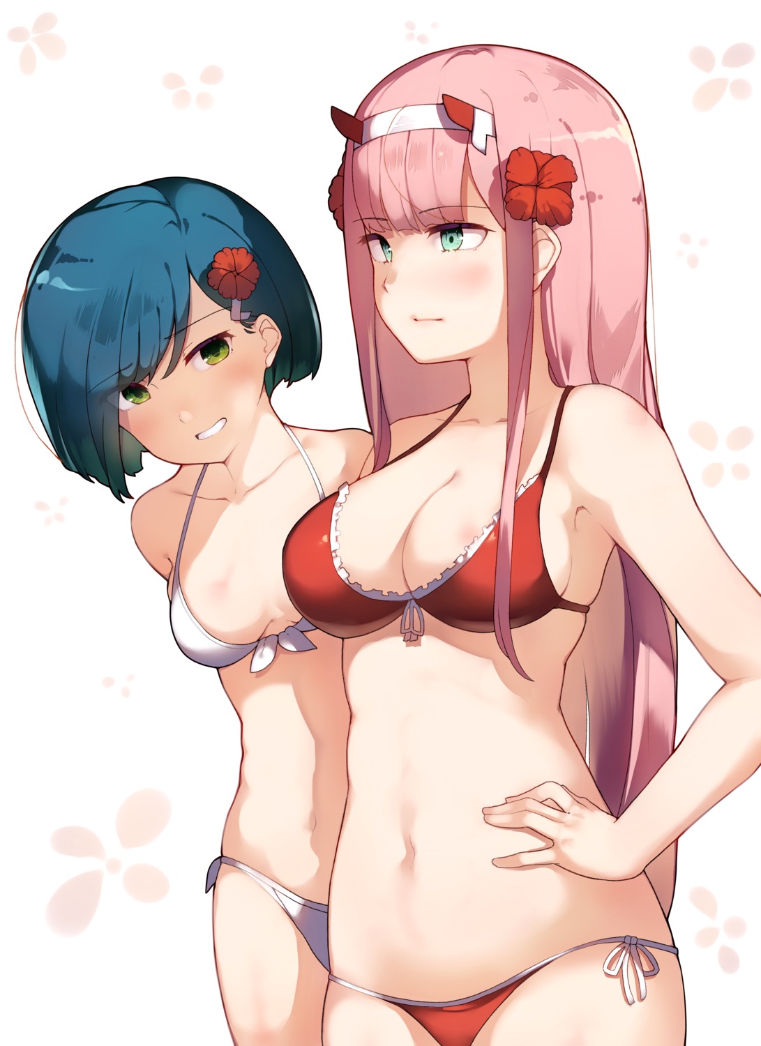 bikini, darling_in_the_franxx, horns, ichigo_(darling_in_the_franxx), kimoshi, swimsuits, zero_two_(darling_in_the_franxx)