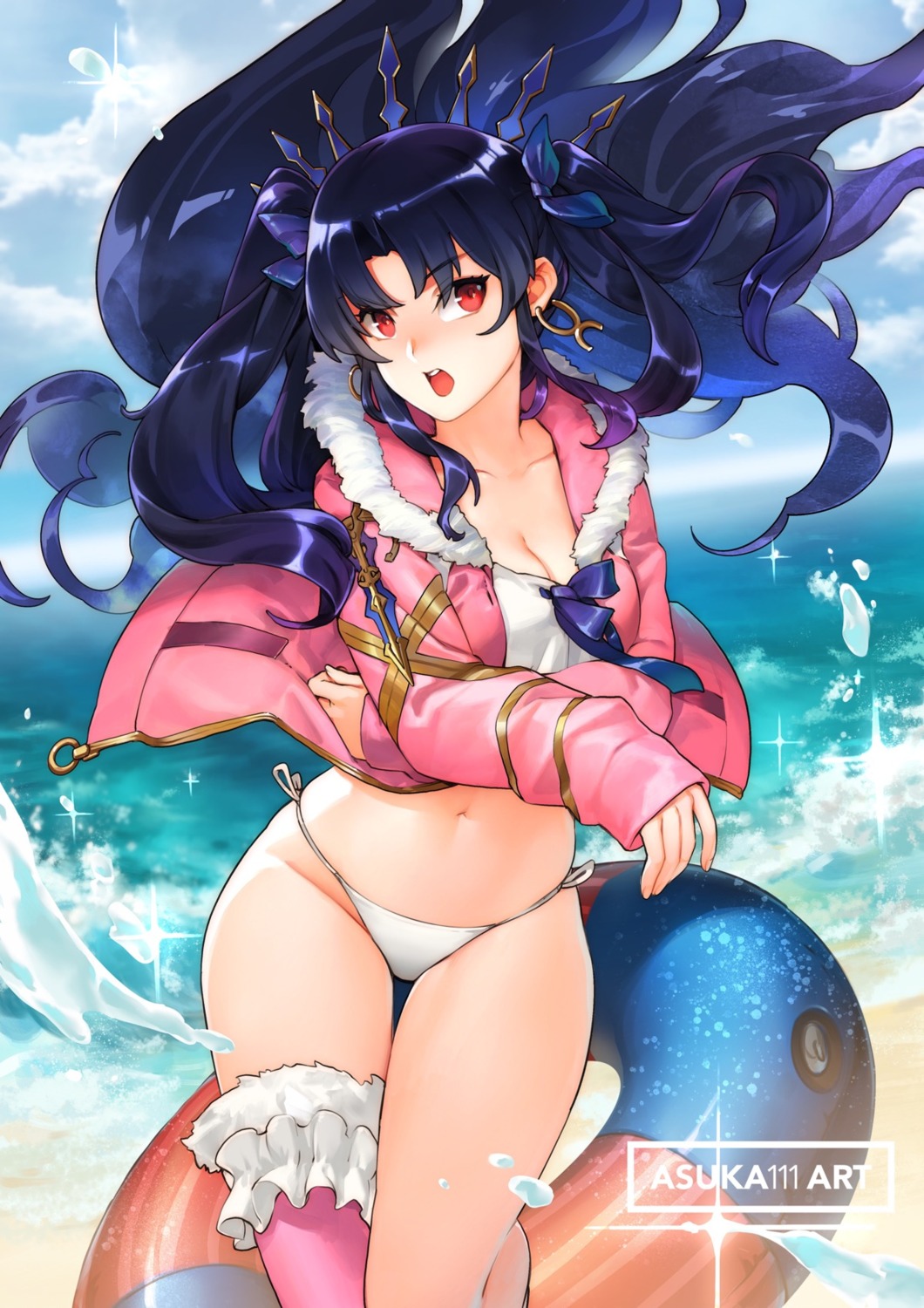 bikini, breast_hold, cleavage, fate/grand_order, ishtar_(fate), open_shirt, patipat_asavasena, swimsuits