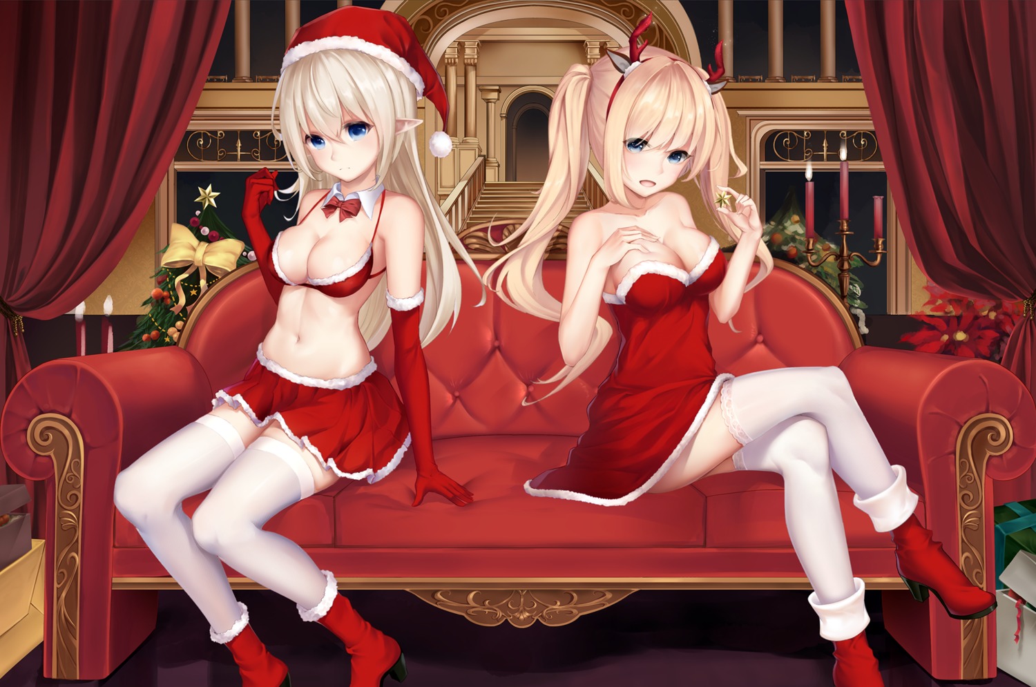 animal_ears, bikini_top, christmas, dress, heels, horns, karin_(fineyanny), pointy_ears
