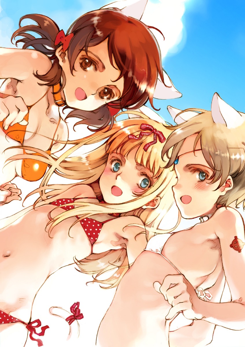 animal_ears, bikini, cleavage, crossover, ema_(shirotsume_souwa), juni_argiano, littlewitch, nekomimi
