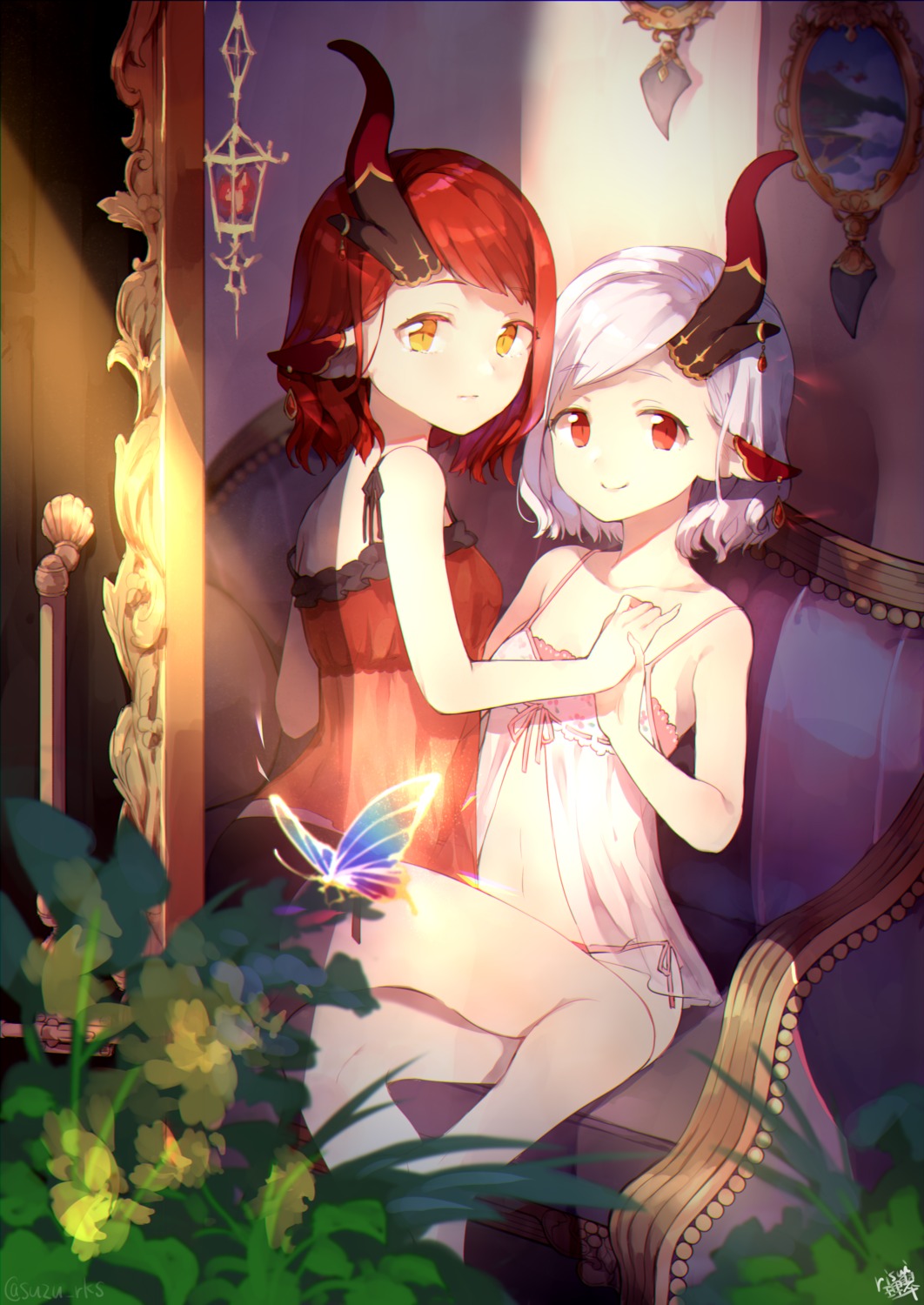 horns, lingerie, pantsu, pointy_ears, risui, see_through, string_panties