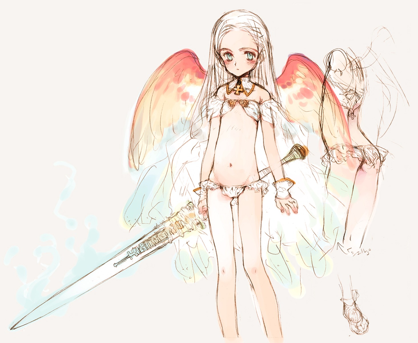 bikini, feet, littlewitch, oyari_ashito, sepha, shoujo_mahou_gaku_little_witch_romanesque, sketch, swimsuits, sword, wings