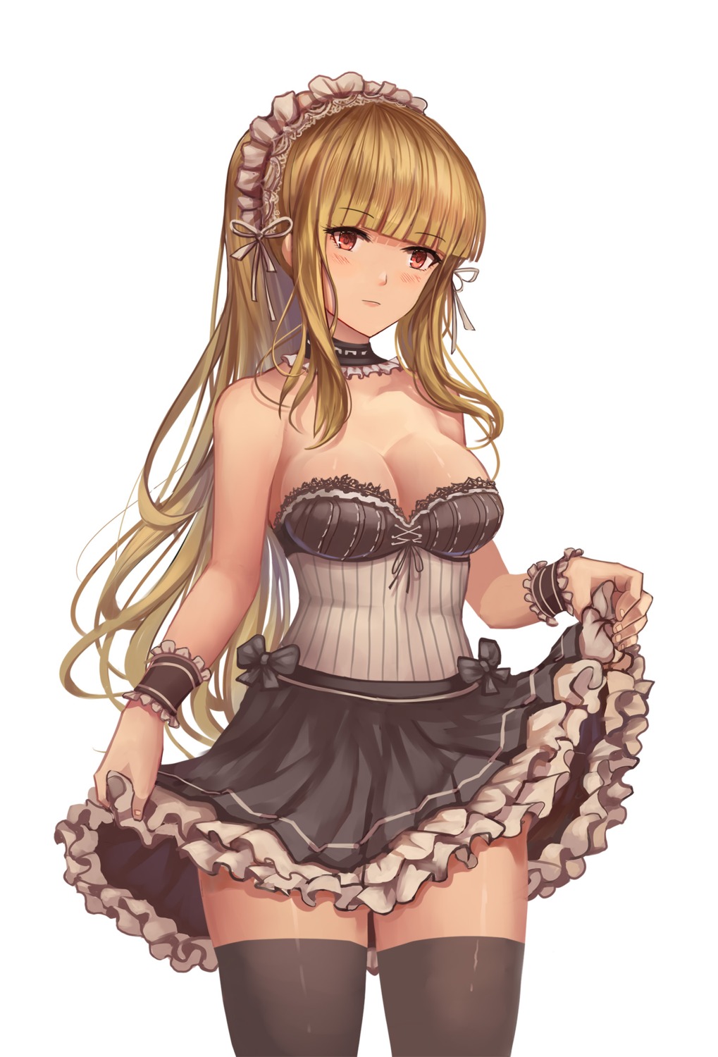 brown_dust, cleavage, skirt_lift, thighhighs, yougen_kitsune