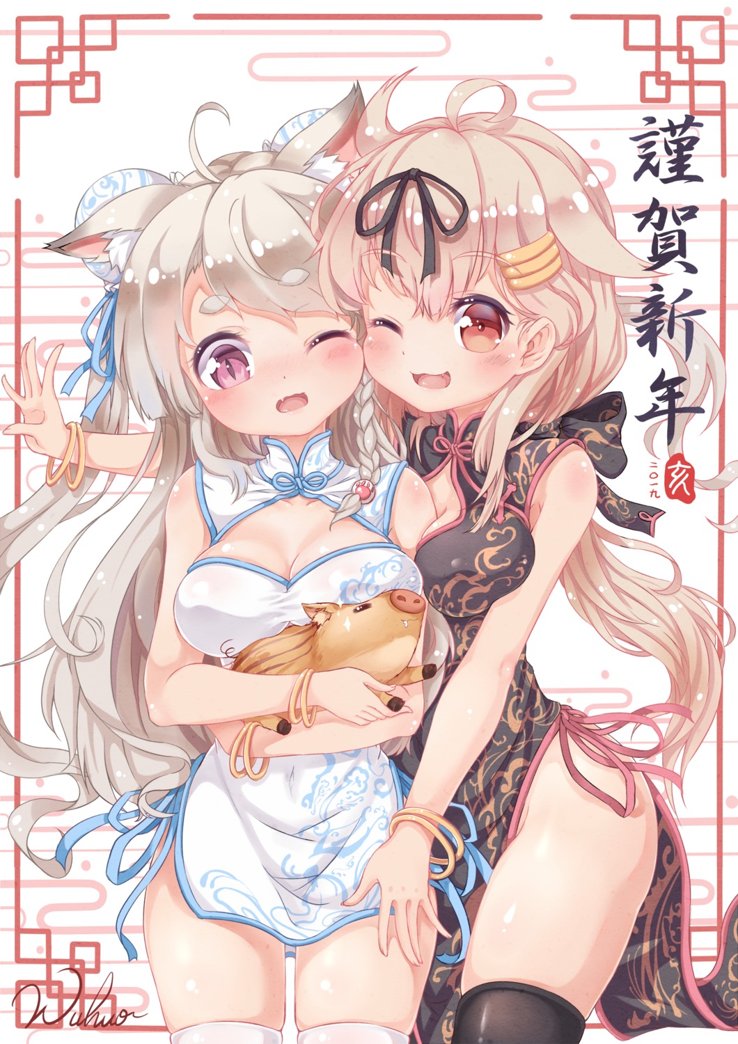 animal_ears, azur_lane, chinadress, cleavage, kantai_collection, thighhighs, wuhuo, yuudachi_(azur_lane)