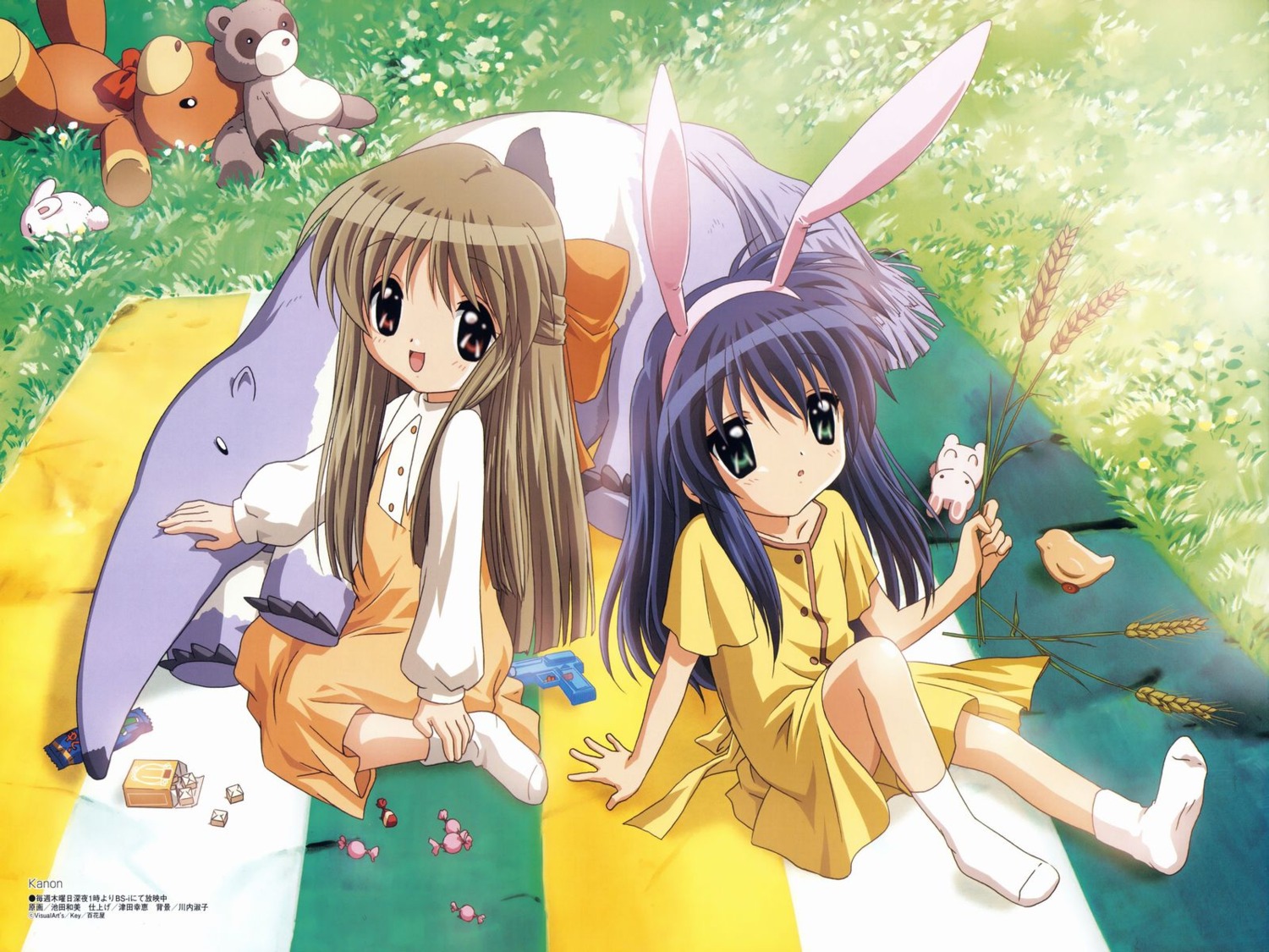 animal_ears, bunny_ears, dress, ikeda_kazumi, kanon, kawasumi_mai, kurata_sayuri, wallpaper
