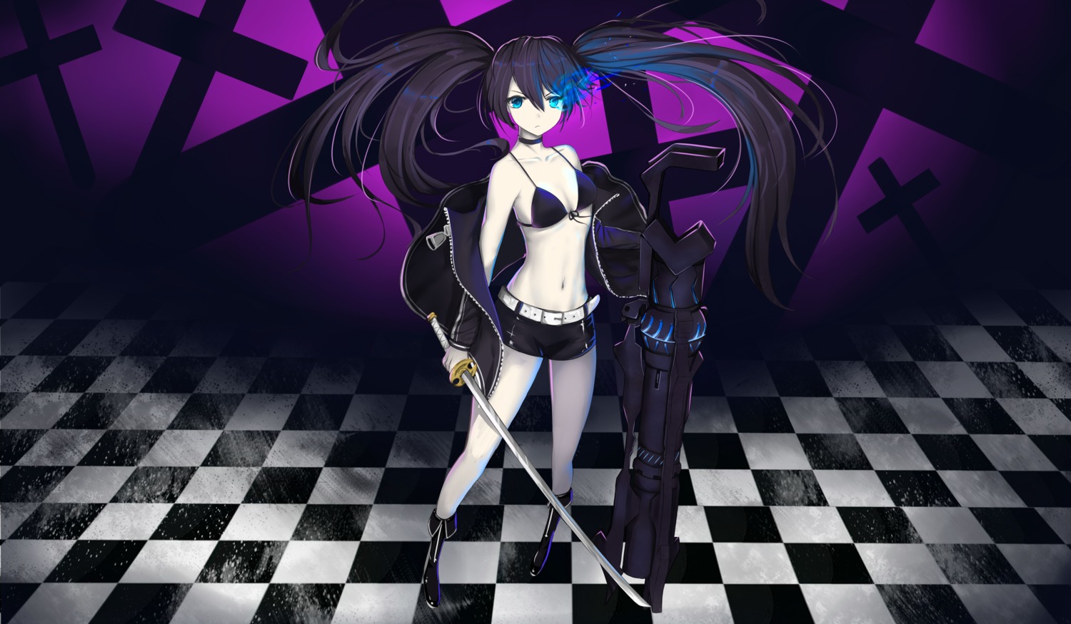 bikini_top, black_rock_shooter, cleavage, huijin_zhi_ling, kuroi_mato, open_shirt, swimsuits, sword