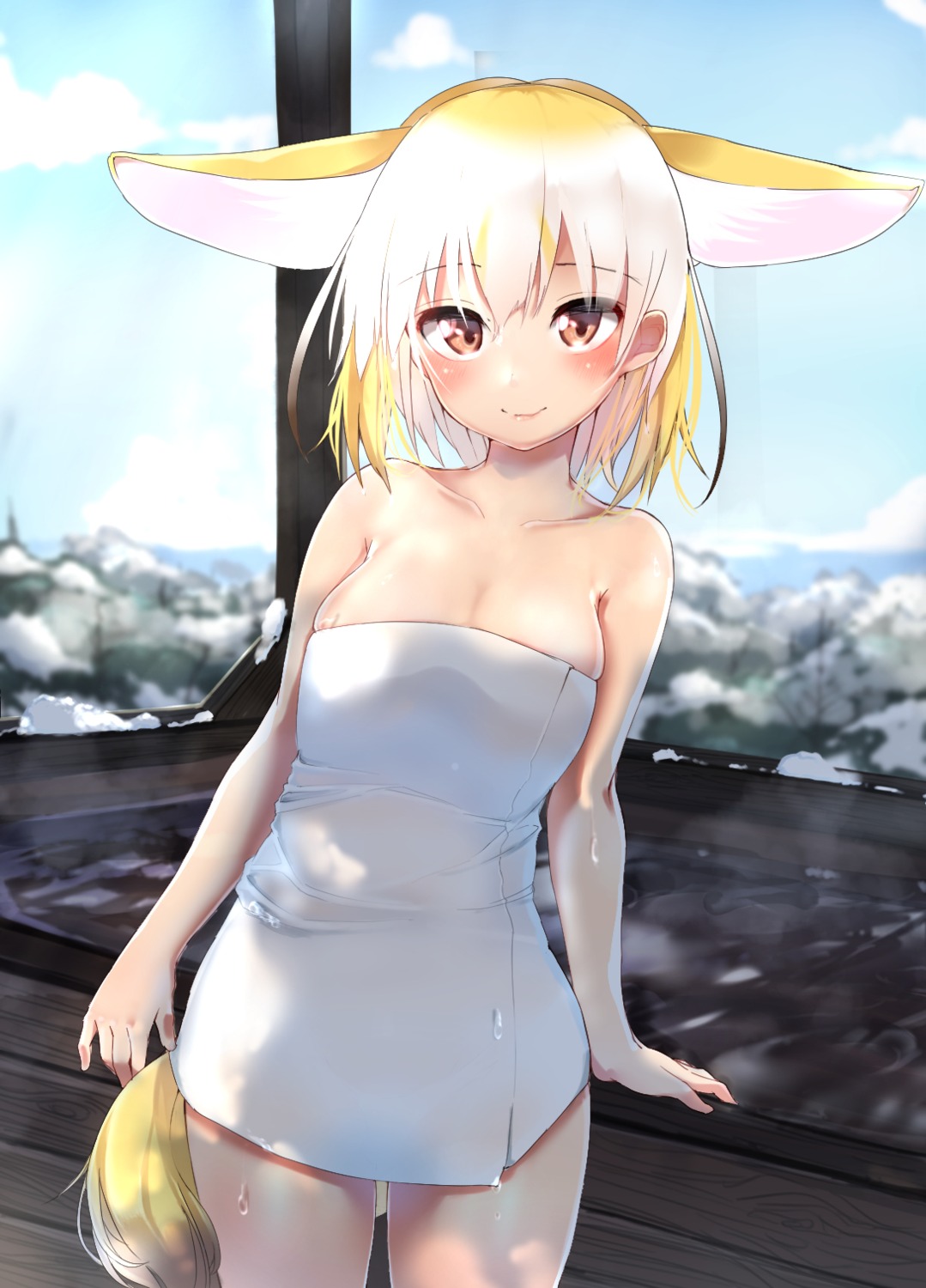 animal_ears, fennec_(kemono_friends), kemono_friends, kinou_no_shika, onsen, tail, towel, wet