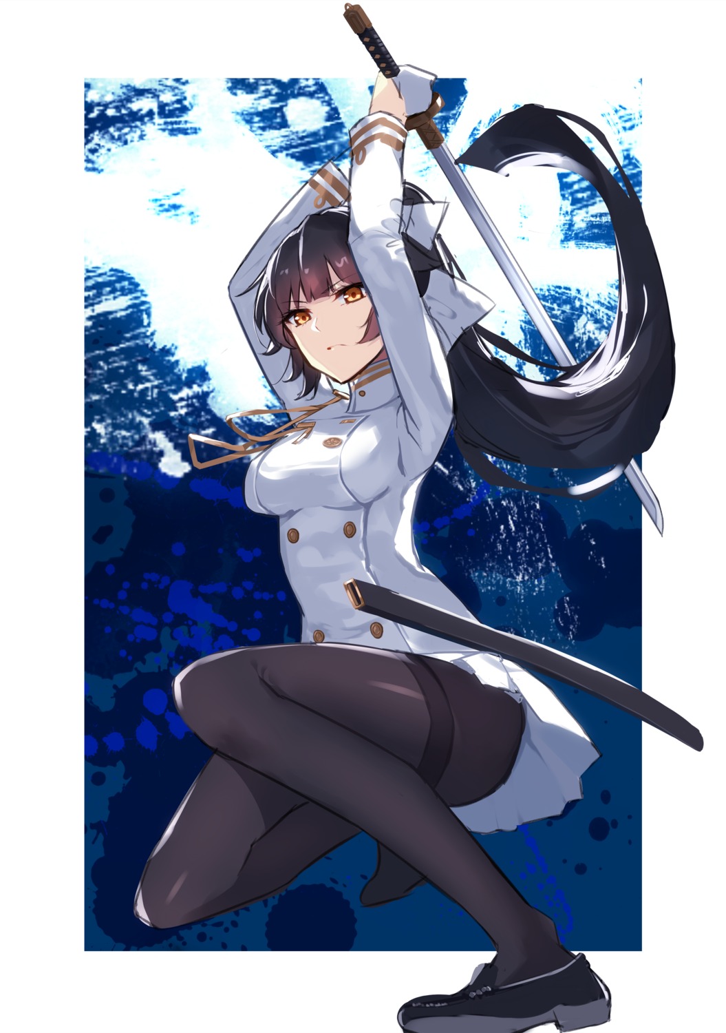aosaki_yukina, azur_lane, pantyhose, skirt_lift, sword, takao_(azur_lane), uniform
