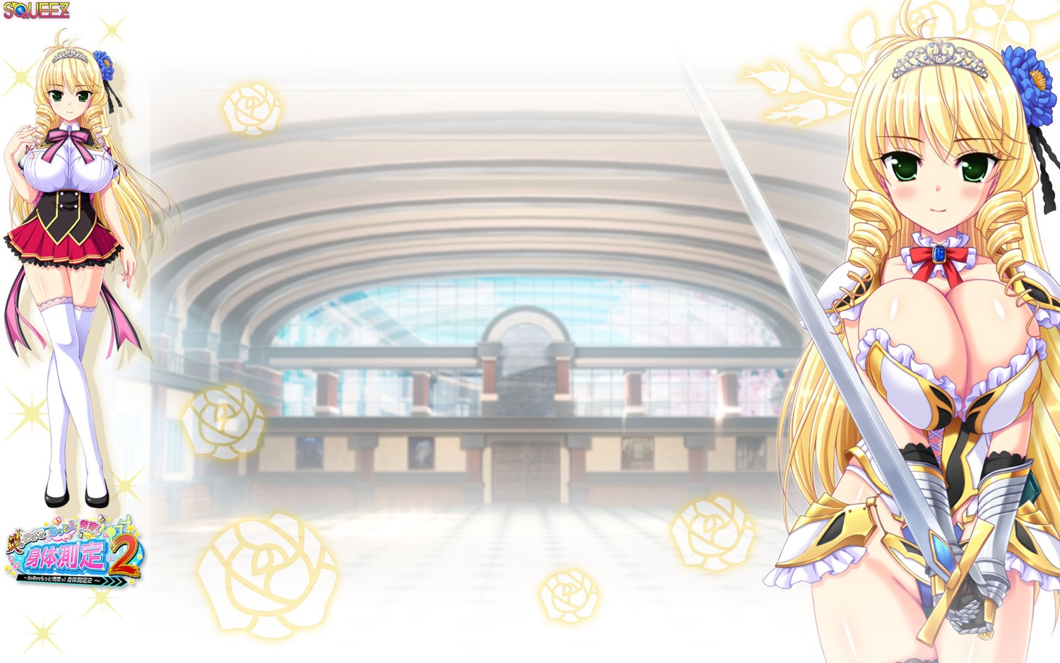 armor, breast_hold, heels, honoo_no_haramase_motto!_hatsuiku!_karada_sokutei_2, pantsu, seifuku, squeez, sword, thighhighs, wallpaper, yuibi