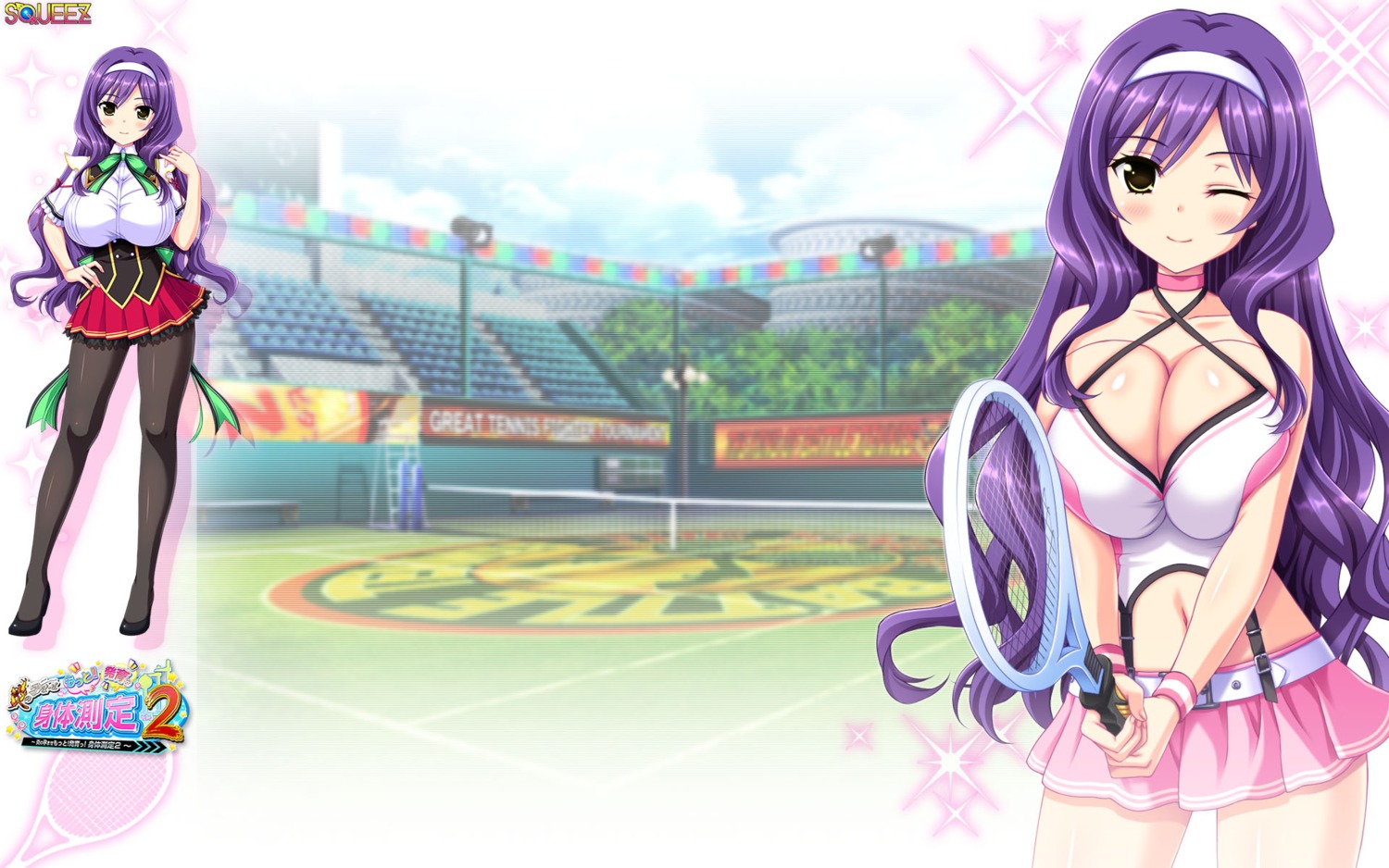 breast_hold, cleavage, heels, honoo_no_haramase_motto!_hatsuiku!_karada_sokutei_2, pantyhose, seifuku, squeez, tennis, wallpaper, yuibi