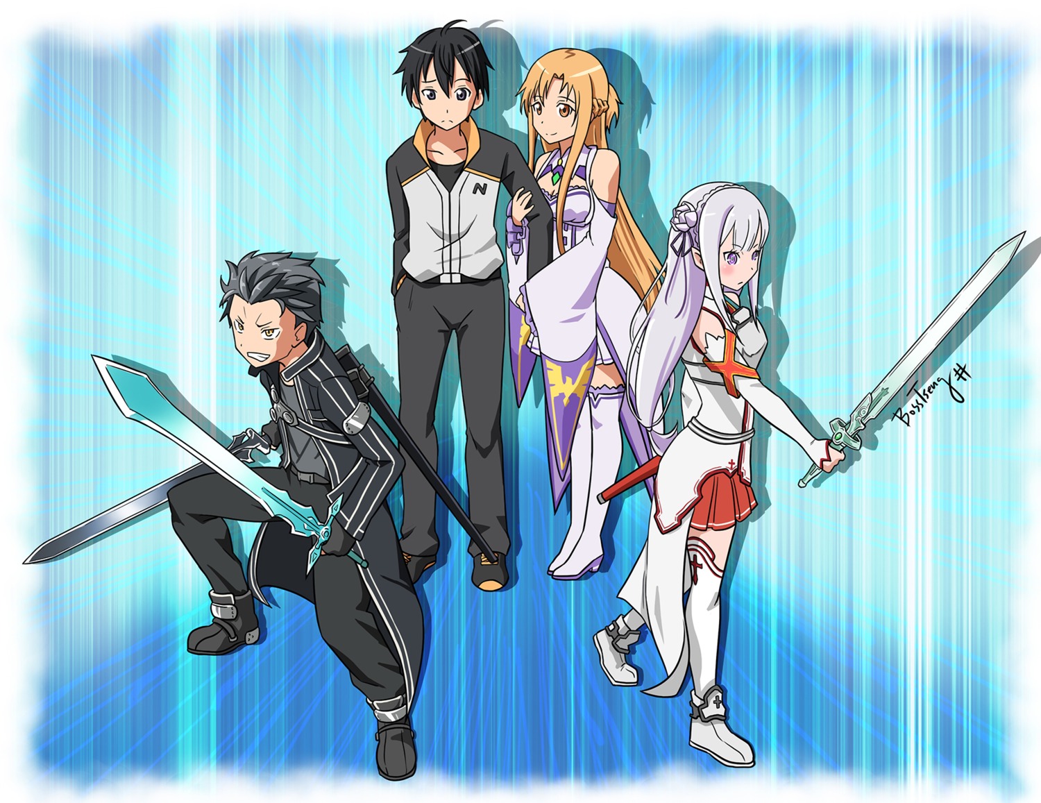 armor, asuna_(sword_art_online), bosstseng, cleavage, crossover, elf, emilia_(re_zero), heels, kirito, natsuki_subaru, pointy_ears, re:zero_kara_hajimeru_isekai_seikatsu, sword, sword_art_online, thighhighs