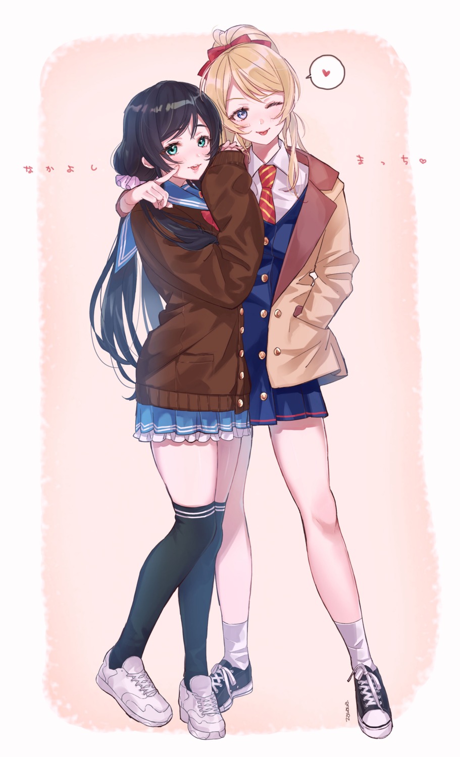 ayase_eli, love_live!, love_live!_(series), seifuku, sweater, thighhighs, toujou_nozomi, yuri