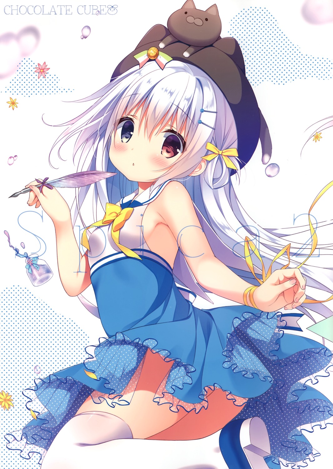 chocolate_cube, dress, heels, heterochromia, miwa_futaba, skirt_lift, thighhighs